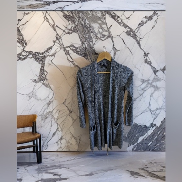 Fleurette Gray  Fleurette Black White Long Open Cardigan Sweater Pockets Gray - Picture 1 of 16
